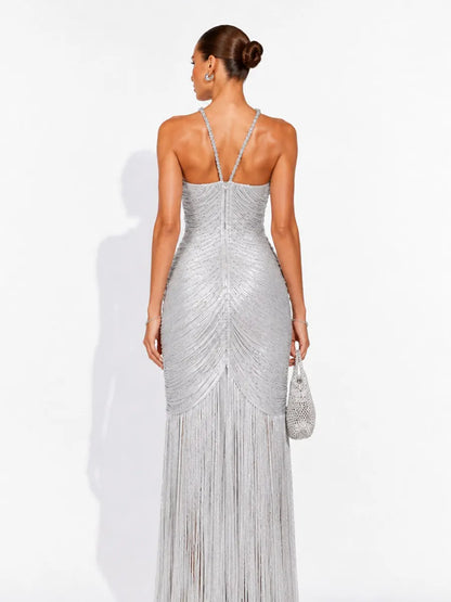 Beatrice Sleeveless Rhinestone Maxi Dress with Silver Tassels