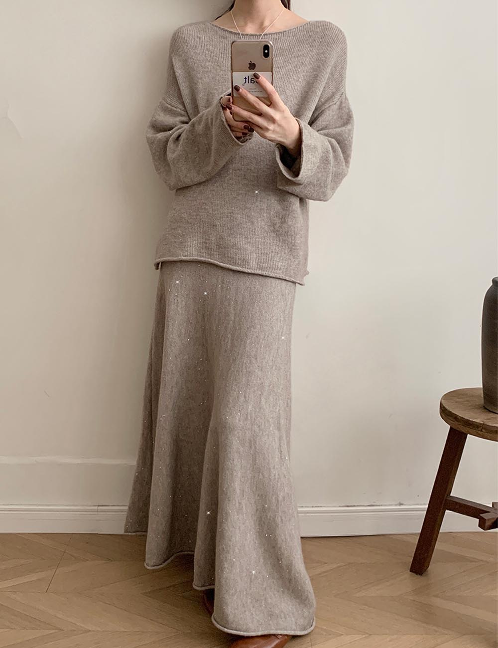 Casual Round Neck Sweater Maxi Skirt Set