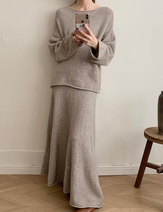 Casual Round Neck Sweater Maxi Skirt Set