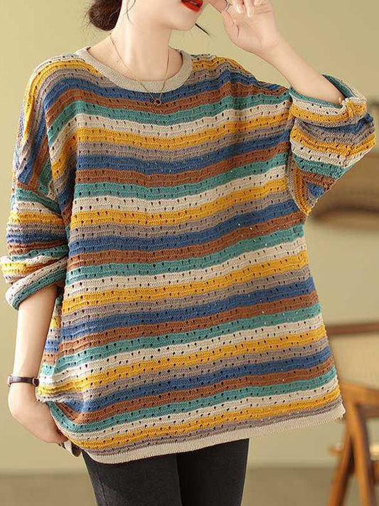 Long Sleeves Loose Contrast Color Hollow Round-Neck Pullovers Sweater Tops