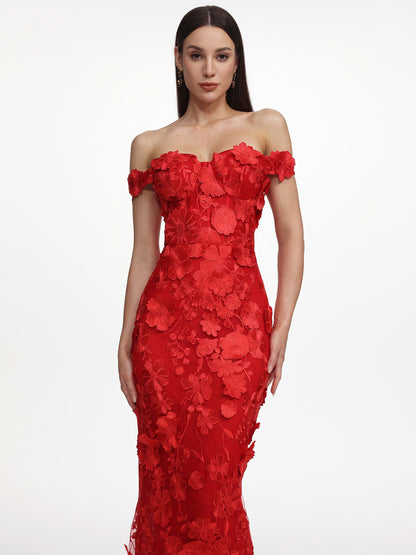 Jasmine Off Shoulder Floral Embroidered Maxi Dress