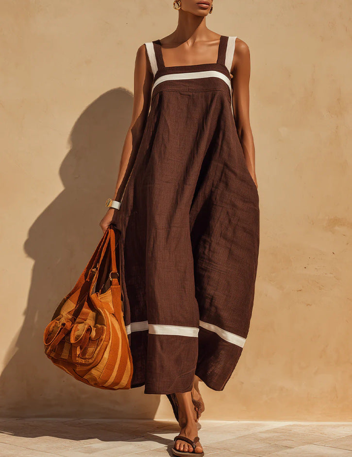 Linen Contrast White Stripe Square Neck Midi Skirt Set
