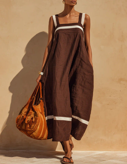 Linen Contrast White Stripe Square Neck Midi Skirt Set