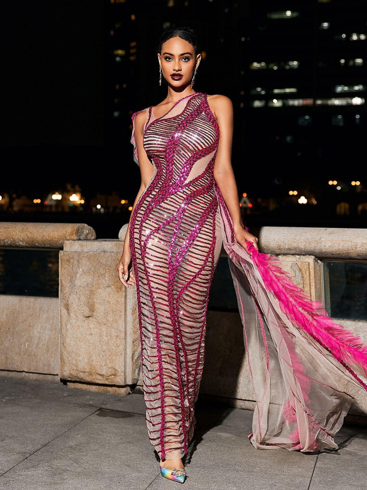 Lyda Draped Cutout Sequin Mesh Dress In Silver