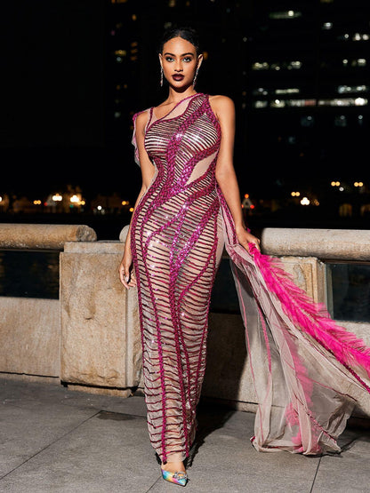Lyda Draped Cutout Sequin Mesh Dress In Silver