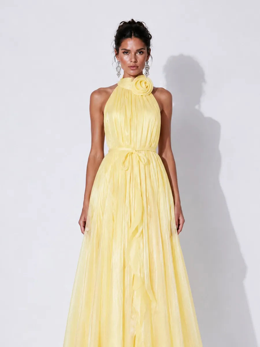Elena 3D Floral Halter-Neck Pleated Maxi Dress