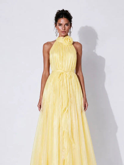 Elena 3D Floral Halter-Neck Pleated Maxi Dress