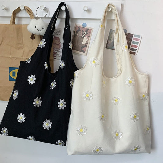 Daisy Flower Embroidered Canvas Bag