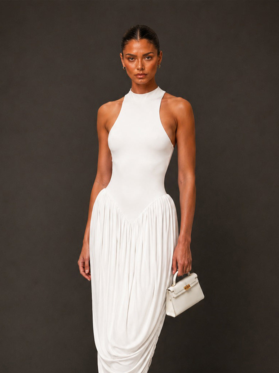 Aurora Fitted-Waist Ruched Sleeveless Maxi Dress