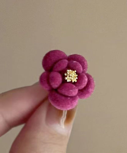 Original Design Red Alloy Flocking Camellia Flower Stud Earrings