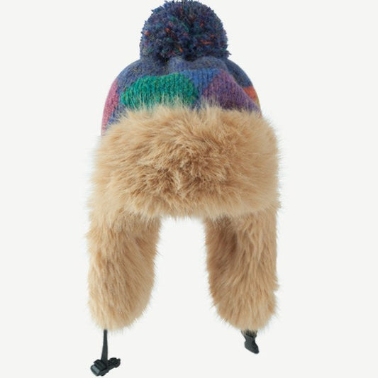 Vintage Color Block Knit Plushed Pom Hat