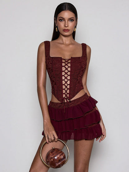 Melinda Corset Lace Up Tiered Skirt Set