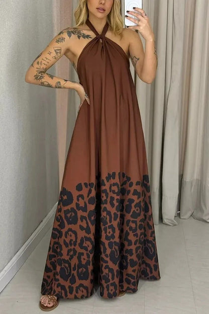 Leopard Print Sexy Halter Neck Backless Loose Maxi Dress