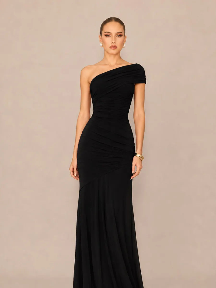 Marcella Asymmetric Neckline Strapless Back-Revealing Bodycon Maxi Dress