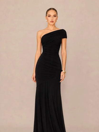Marcella Asymmetric Neckline Strapless Back-Revealing Bodycon Maxi Dress
