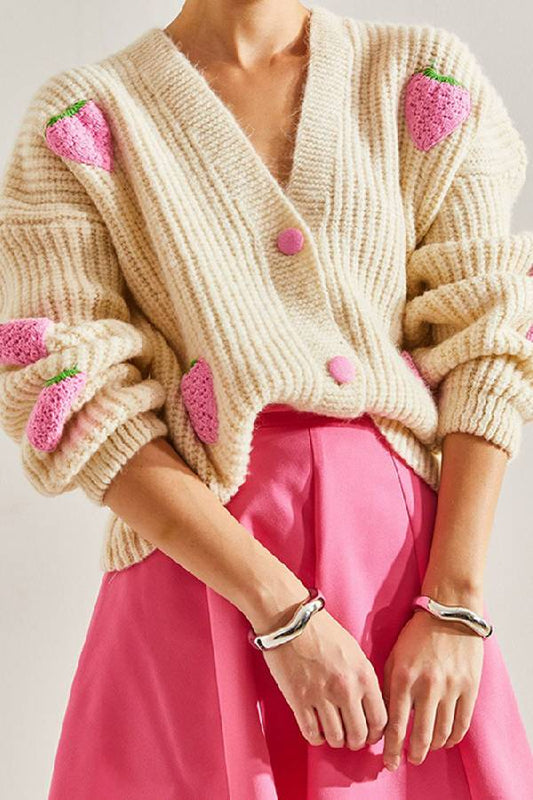 Sweet V-neck beige strawberry decorated cardigan sweater