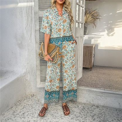 Floral Print Short Sleeve Cardigan And Pants Set