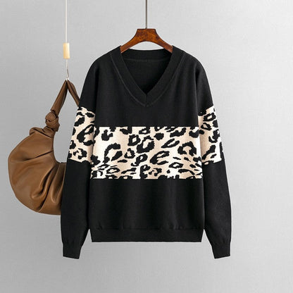 Simple V-Neck Loose Color Block Leopard Print Sweater