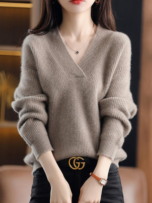 Loose Long Sleeves Solid Color V-Neck Sweater Tops