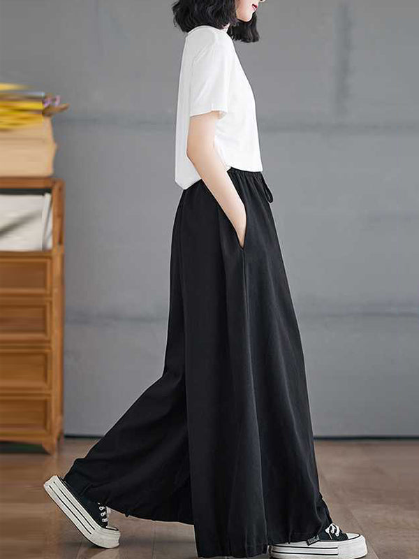 High Waisted Loose Drawstring Elasticity Pleated Pockets Culotte Knickerbockers