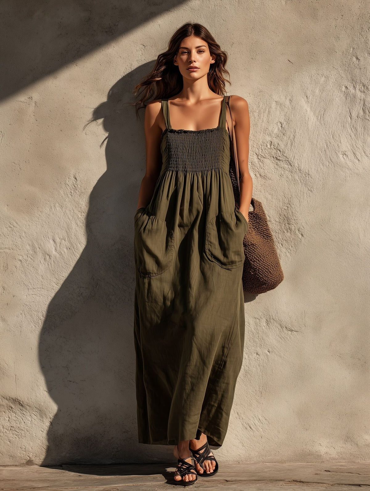 Smocked Square Neck Spaghetti Strap Pocket Linen Blend Maxi Dress