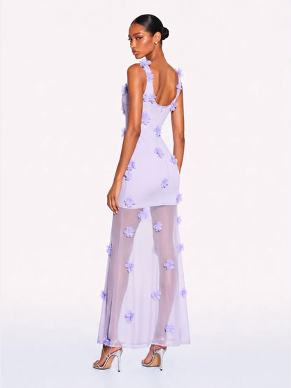 Nora 3D Floral Mesh Overlay Maxi Dress