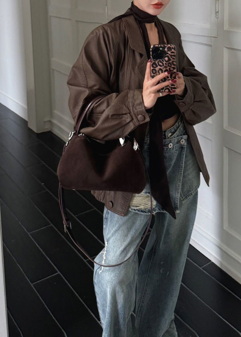 Suede Shoulder and Crossbody Bag With Leather Straps