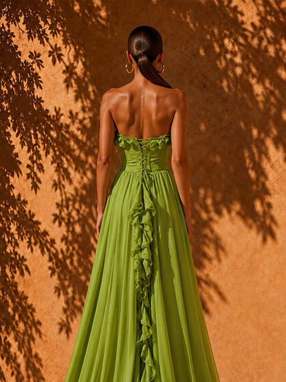 Vivian Pleated Ruffled Maxi Dress In Green