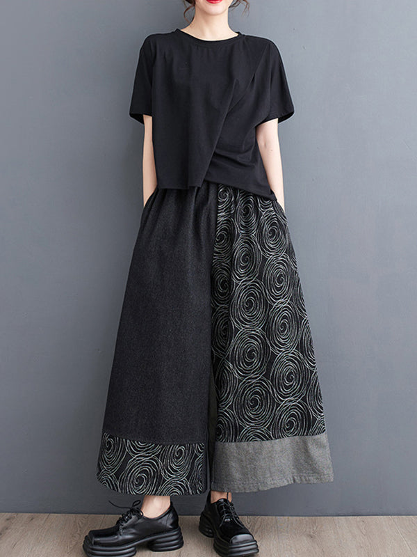 High Waisted Loose Asymmetric Elasticity Printed Split-Joint Jean Pants Bottoms