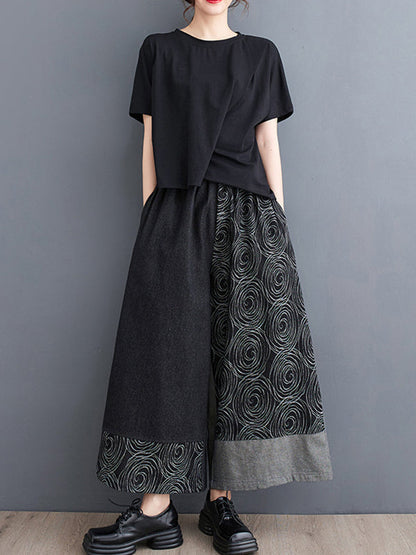 High Waisted Loose Asymmetric Elasticity Printed Split-Joint Jean Pants Bottoms