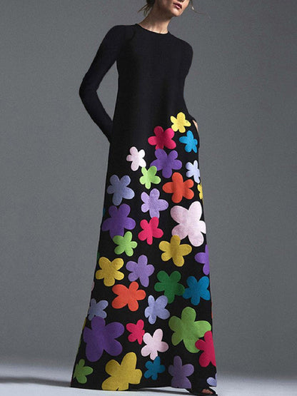 Long Sleeves Asymmetric Floral Round-neck Maxi Dresses