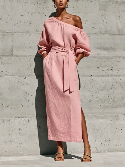Linen One Shoulder Puff Sleeve Tie Waist Side Slit Midi Dress