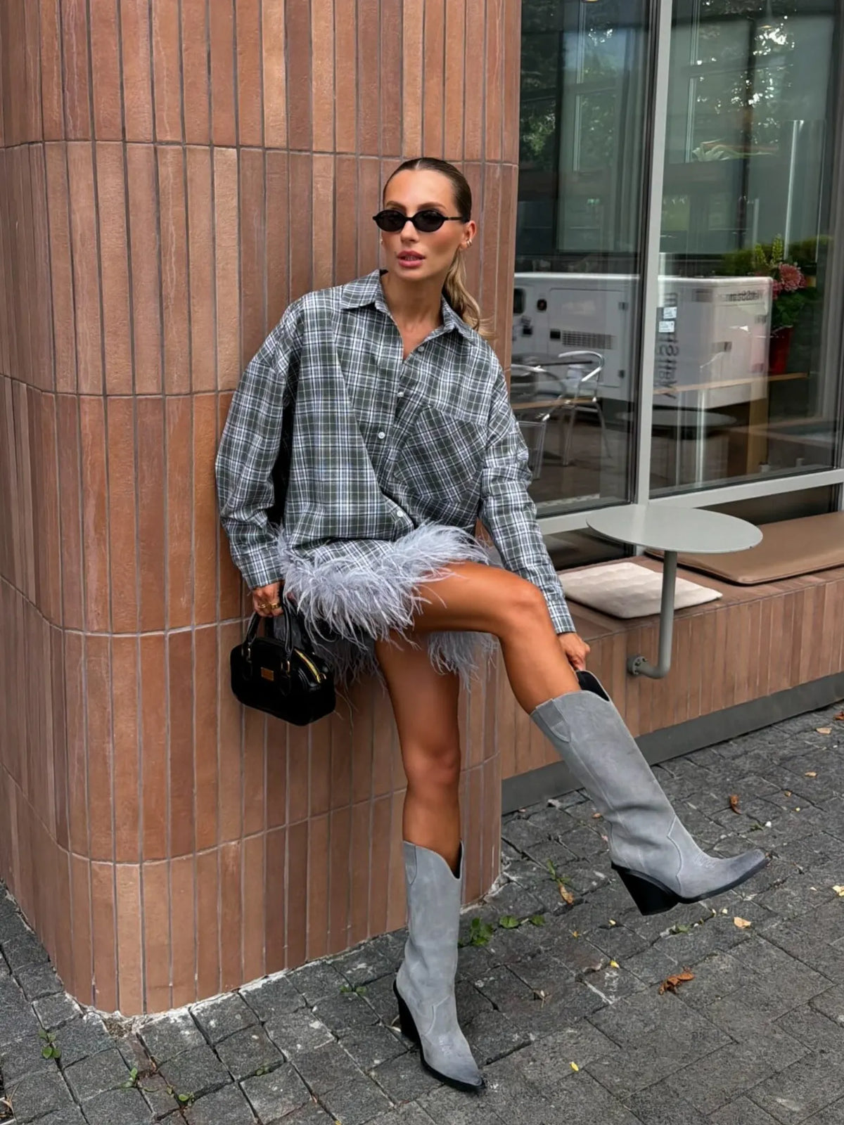 Kaelin Plaid Feather Trim Mini Shirt Dress In Grey