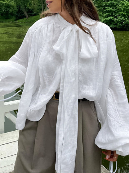 Loose Puff Sleeves Bandage Solid Color Blouses&Shirts Tops