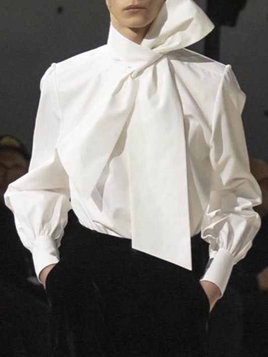 Solid Color Loose Buttoned Bowknot Puff Sleeves Blouses