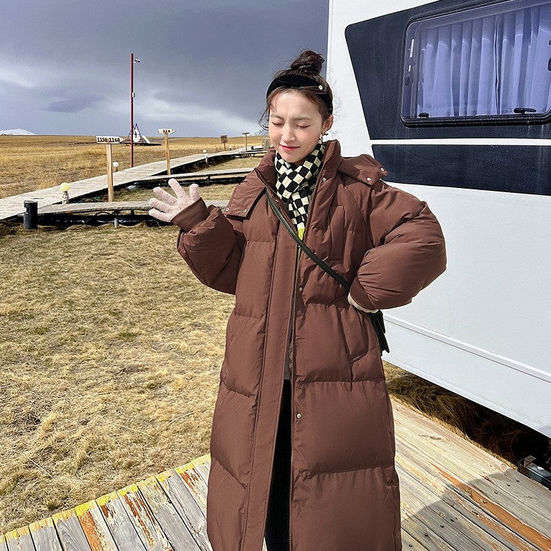 Solid Color Hooded Thickened Down Cotton Long Loose Coat