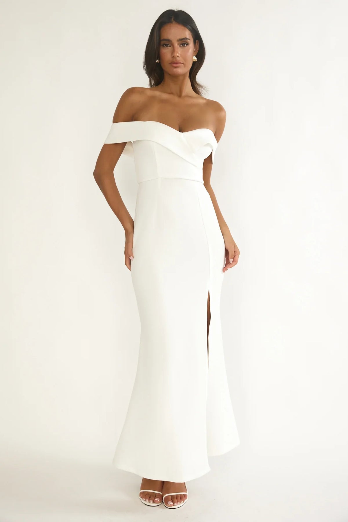 Rider Off-Shoulder Front Split Maxi Dress White