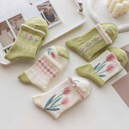 Rufia - Women's Floral Tulip Mid-Calf Socks - Green / White