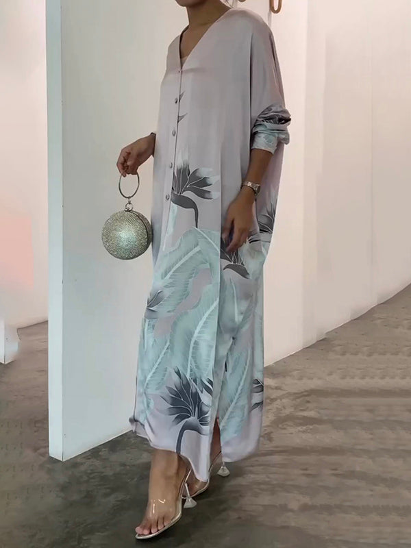 Long Sleeves Loose Buttoned Contrast Color Flower Print Leaves Print Muslim Split-Side V-Neck Evening Dresses Maxi Dresses Muslim Abaya
