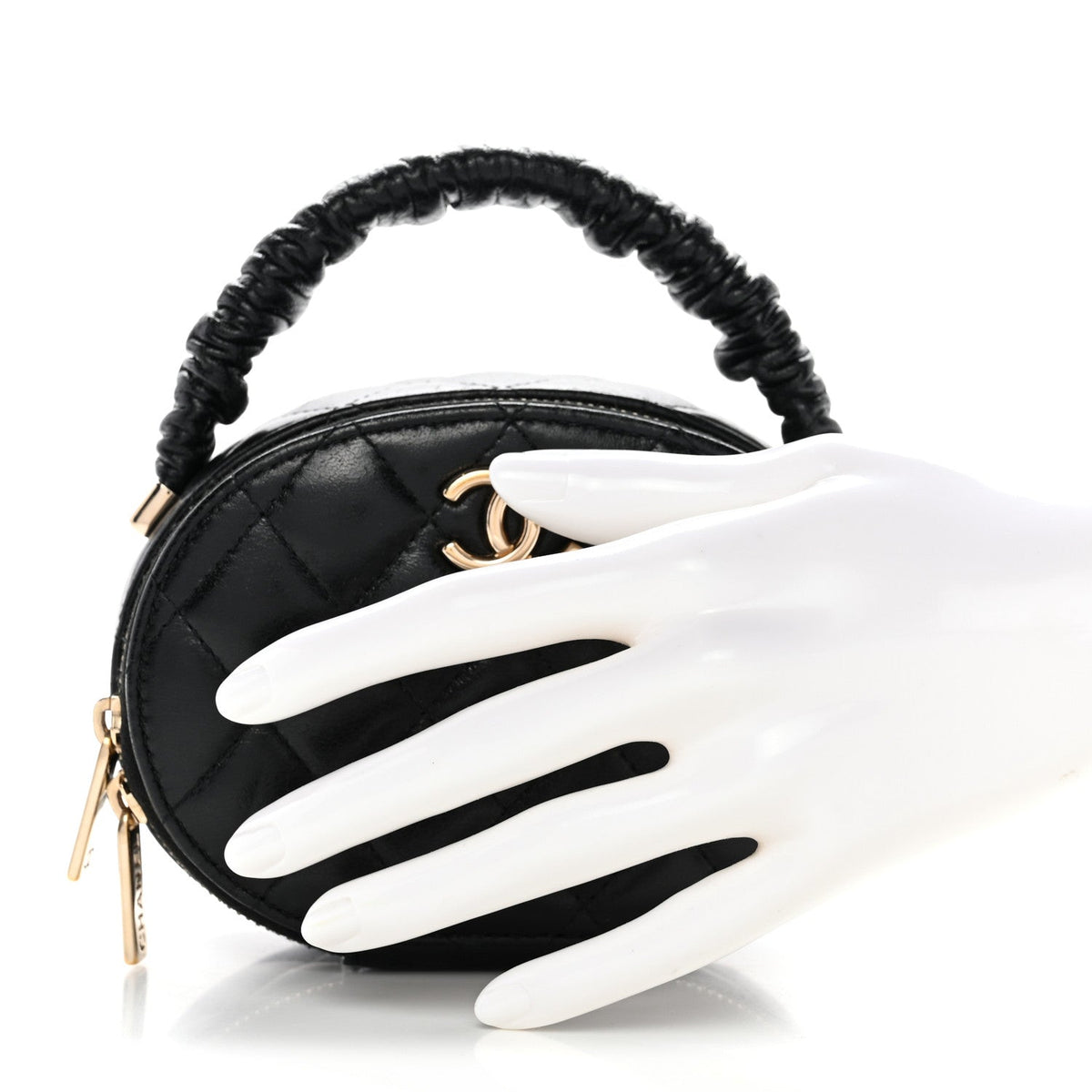 Lambskin Quilted Ruched Top Handle Vanity Case Black