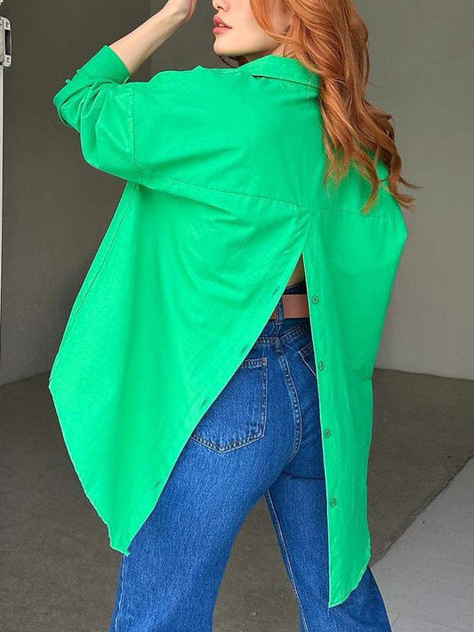 Loose Solid Color Split-Back Long Sleeves Blouses