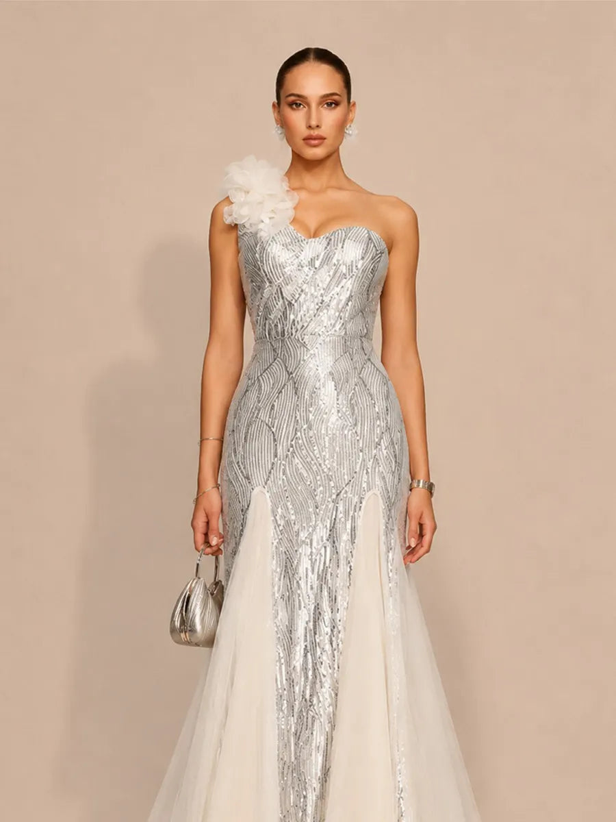 Juliette Elegant Contour One Shoulder Sequin Maxi Dress