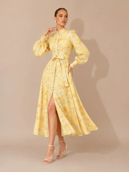 Karolina Lace-Up Lantern Sleeve Maxi dress