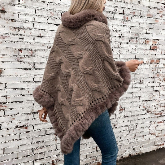 Fur Collar Cable Knit Sweater Cape