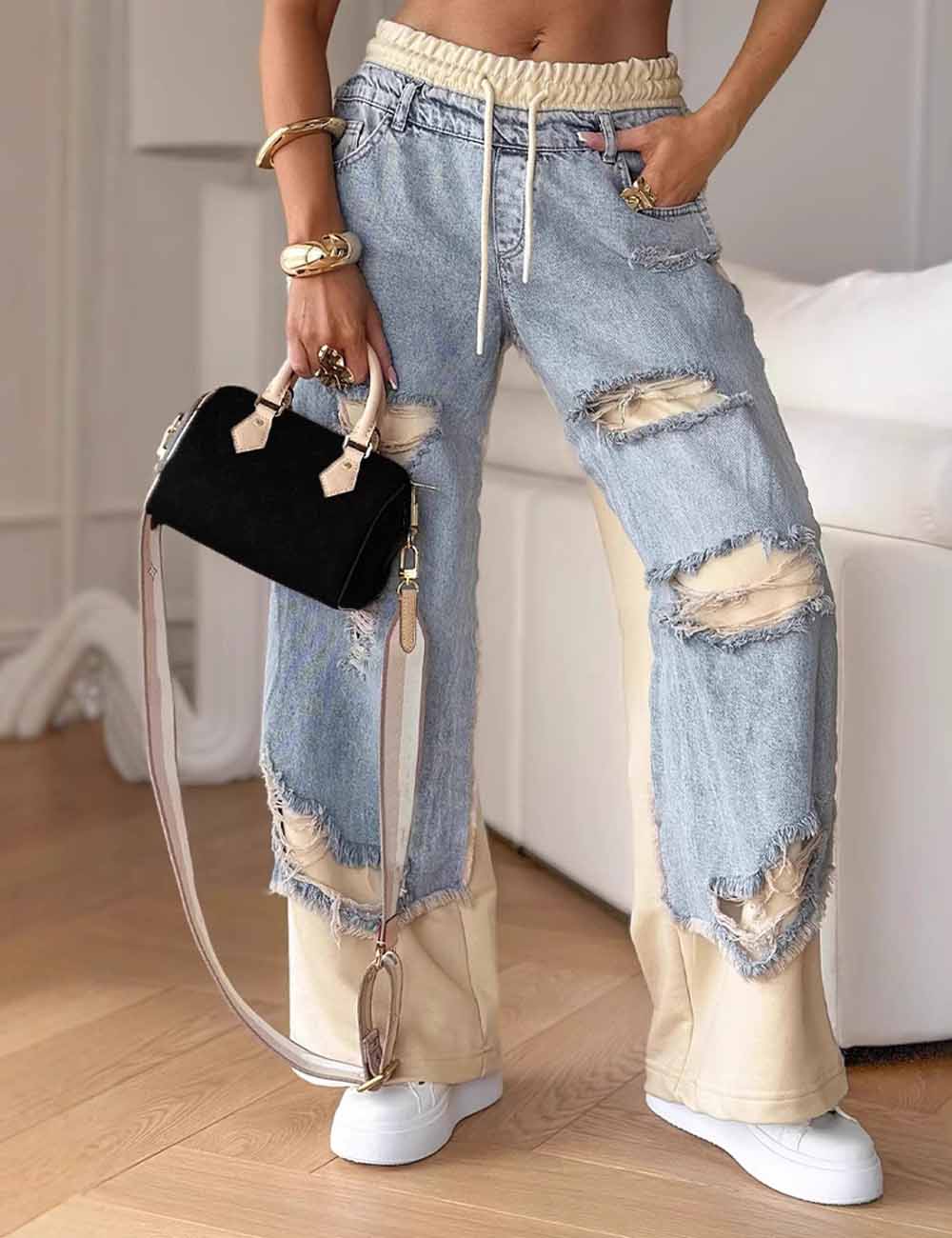 Ripped Drawstring Color Block Straight Leg Jeans