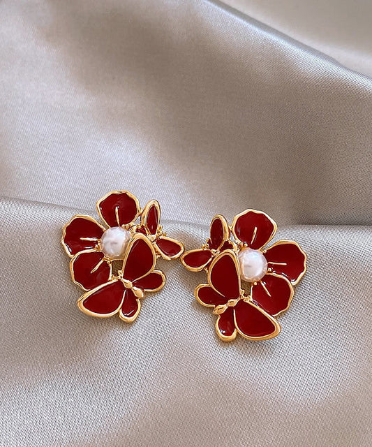 Fashion Red Copper Alloy Butterfly Pearl Stud Earrings
