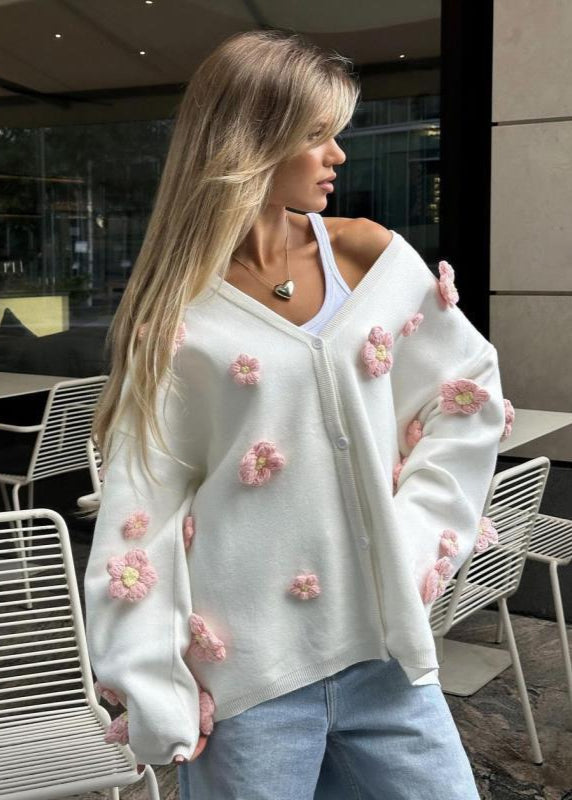 3D Floral Knit Cardigan With V Neck