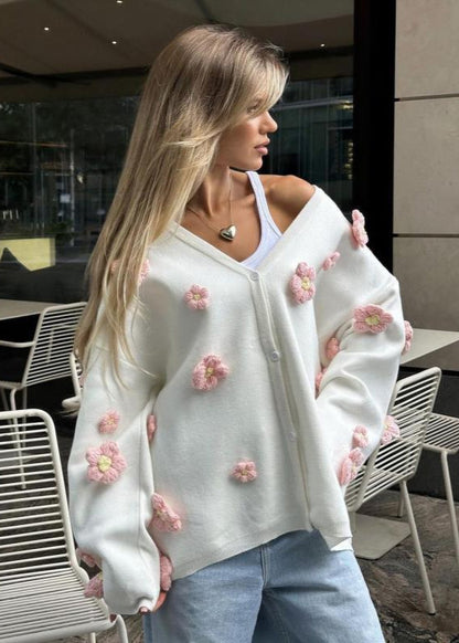 3D Floral Knit Cardigan With V Neck