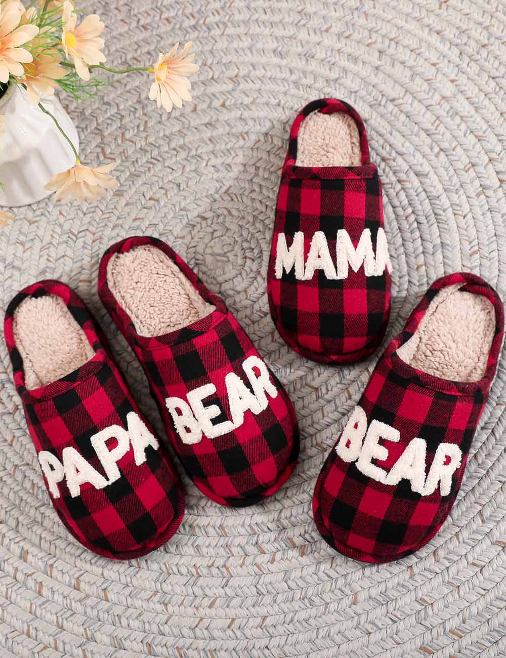 Winter Letter Embroidery Plaid Warm Indoor Slippers