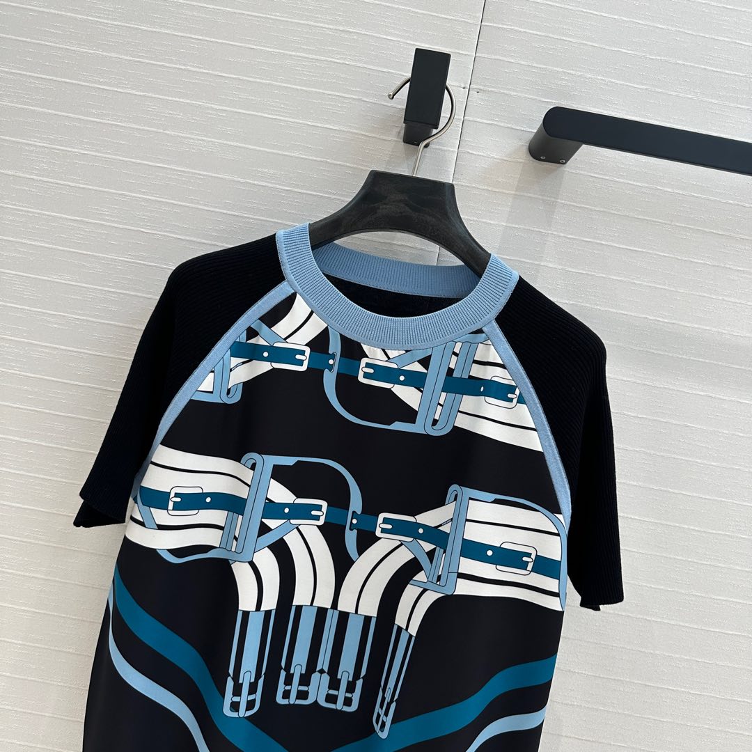 Hm 25 Print Patchwork Knit Top Black Blue Tencel Wool